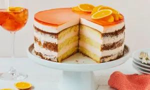 Eine Aperol Torte mit fruchtiger Geleehaube und Orangenscheiben, daneben ein Aperol Spritz.