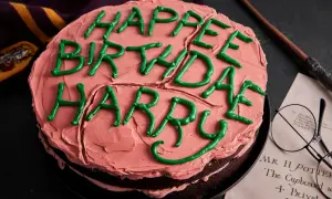 Ein Harry Potter Kuchen mit rosa Zuckerguss und grüner Schrift "Happy Birthday Harry". Daneben liegen eine Brille und ein Zauberstab.