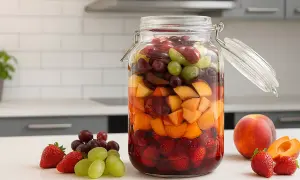 Bunte Früchte wie Erdbeeren, Aprikosen und Trauben schichten sich in einem Glas für ein Rumtopf Rezept.