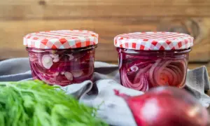 Zwei Gläser mit eingelegten roten Zwiebeln, bereit für Salate oder Sandwiches. Frischer Dill liegt daneben.