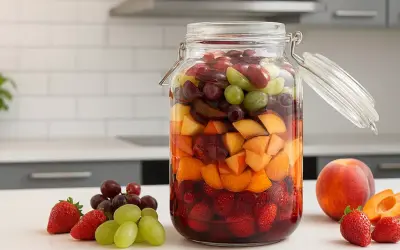 Bunte Früchte wie Erdbeeren, Aprikosen und Trauben schichten sich in einem Glas für ein Rumtopf Rezept.