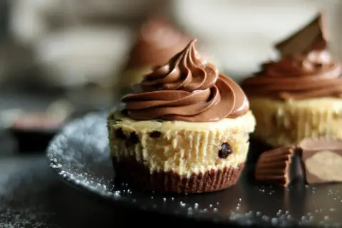 Schokoladen-Cheesecake-Muffins mit zarter Creme und Schokostückchen, garniert mit Schokostückchen.