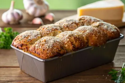 Herzhaftes Monkey Bread mit Knoblauch und Käse, frisch aus der Form. Daneben liegen Knoblauchzehen und Petersilie.