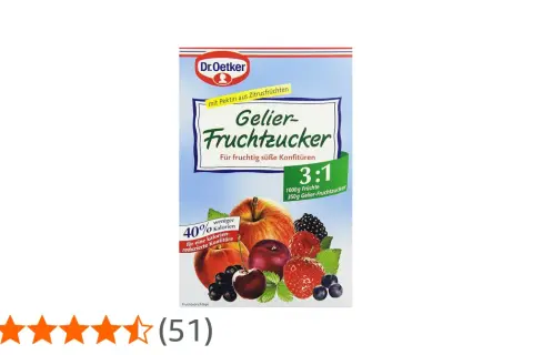Dr. Oetker Gelier-Fruchtzucker mit 3:1 Verhältnis für kalorienreduzierte Konfitüre. Der Unterschied zu normalem Gelierzucker liegt im geringeren Kaloriengehalt.