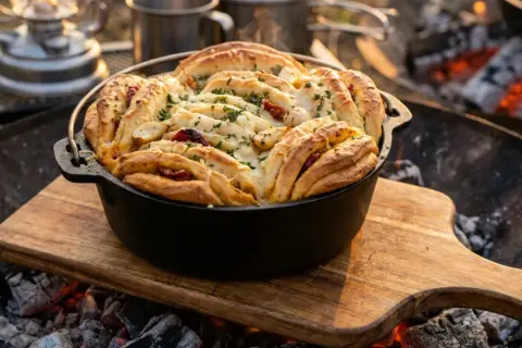 Herzhaftes Zupfbrot mit getrockneten Tomaten und Kräutern, perfekt für ein Outdoor-Abenteuer. Ein tolles zupfbrot rezept!