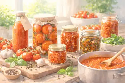 Eingemachtes Gemüse und Tomaten in Gläsern, bereit für die Lagerung. Ein Topf mit Tomatensauce deutet auf einen möglichen Fehler beim Einkochen hin.