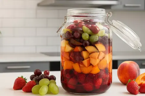 Bunte Früchte wie Erdbeeren, Aprikosen und Trauben schichten sich in einem Glas für ein Rumtopf Rezept.