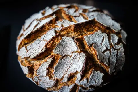 Ein rustikales Roggenmischbrot mit Sauerteig, dessen Kruste knusprig und mit Mehl bestäubt ist.