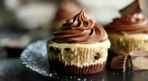 Schokoladen-Cheesecake-Muffins mit zarter Creme und Schokostückchen, garniert mit Schokostückchen.