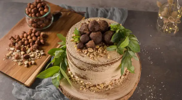 Kuchen ohne backen, verziert mit Schokoladentrüffeln, gehackten Haselnüssen und grünen Blättern. Daneben ein Glas mit Haselnüssen.