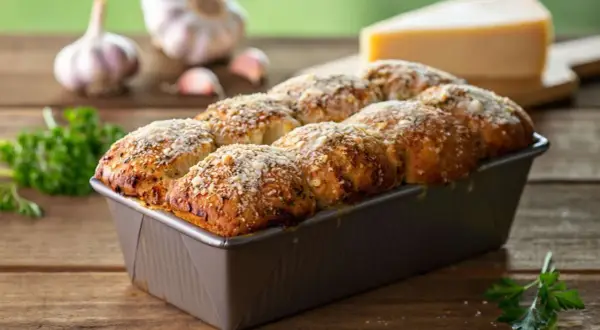 Herzhaftes Monkey Bread mit Knoblauch und Käse, frisch aus der Form. Daneben liegen Knoblauchzehen und Petersilie.