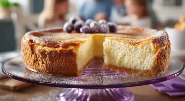 Ein köstlicher Käsekuchen mit Blaubeeren, der sich perfekt zum Kuchen einfrieren eignet, steht auf einem lila Tortenständer.