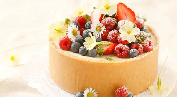 Torte mit frischen Beeren und Blumen dekoriert.