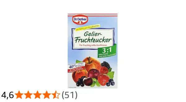 Dr. Oetker Gelier-Fruchtzucker mit 3:1 Verhältnis für kalorienreduzierte Konfitüre. Der Unterschied zu normalem Gelierzucker liegt im geringeren Kaloriengehalt.