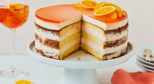 Eine Aperol Torte mit fruchtiger Geleehaube und Orangenscheiben, daneben ein Aperol Spritz.