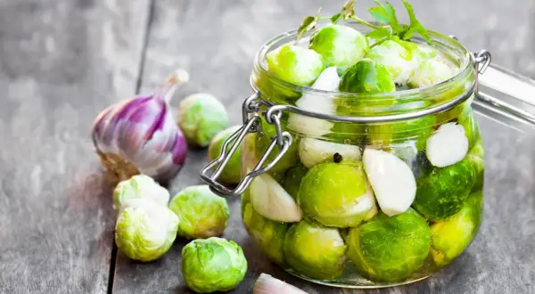 Frischer Rosenkohl und Knoblauch werden für das Rosenkohl einlegen in ein Glas gefüllt.