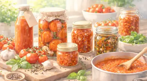 Eingemachtes Gemüse und Tomaten in Gläsern, bereit für die Lagerung. Ein Topf mit Tomatensauce deutet auf einen möglichen Fehler beim Einkochen hin.