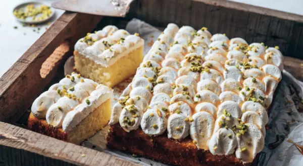 Ein köstlicher Joghurt Kuchen mit luftiger Creme und gehackten Pistazien, serviert auf einer rustikalen Holzschale.