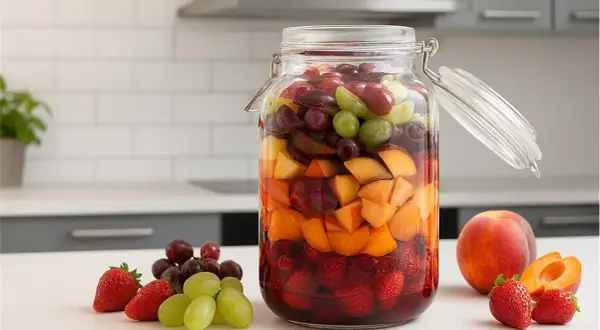 Bunte Früchte wie Erdbeeren, Aprikosen und Trauben schichten sich in einem Glas für ein Rumtopf Rezept.