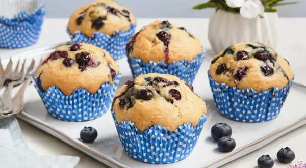 Fünf saftige, vegane Blaubeermuffins in blauen Papierförmchen auf einem Teller, garniert mit frischen Blaubeeren und einer Blume.