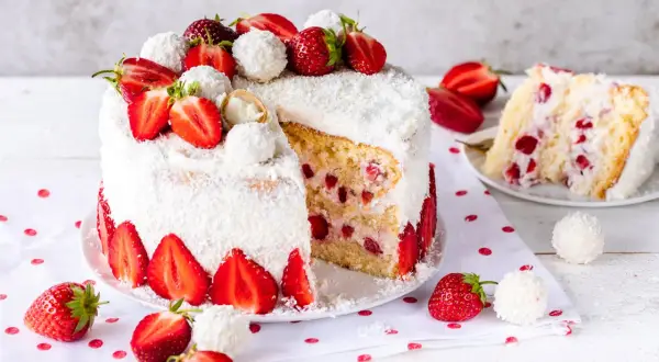 Eine köstliche Erdbeer Raffaello Torte, umhüllt von Kokosraspeln und dekoriert mit frischen Erdbeeren und Raffaello Kugeln.