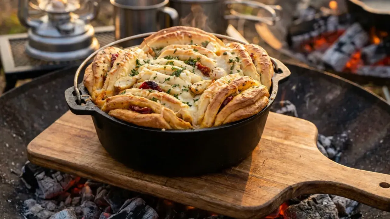 Herzhaftes Zupfbrot mit getrockneten Tomaten und Kräutern, perfekt für ein Outdoor-Abenteuer. Ein tolles zupfbrot rezept!