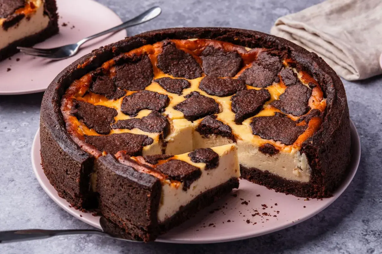 Ein saftiger russischer Zupfkuchen mit dunklem Schokoladenboden und cremiger Käsemasse, belegt mit Schokoladenstückchen.