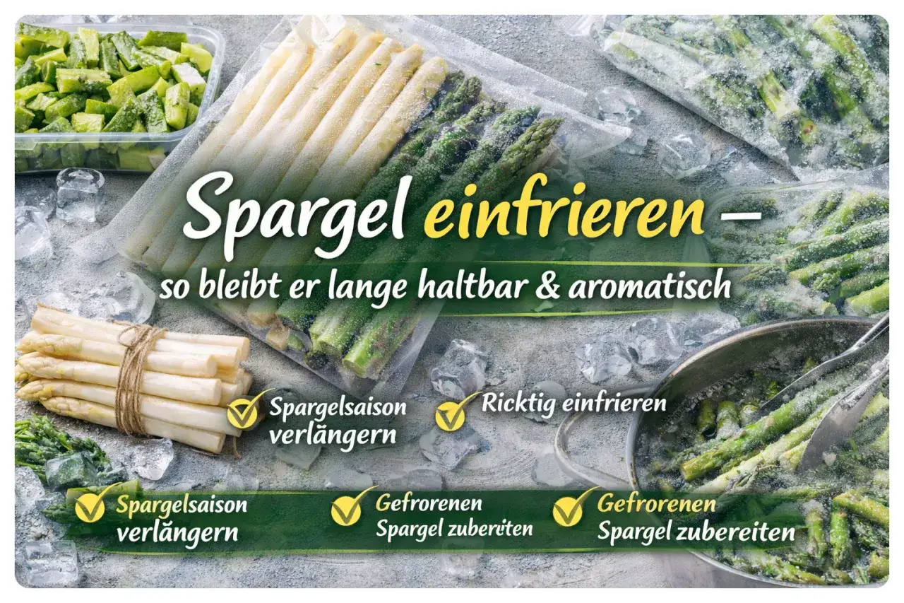 Spargel einfrieren: So bleibt er lange haltbar & aromatisch. Weiße und grüne Spargelstangen in Gefrierbeuteln und ein Bund frischer Spargel.